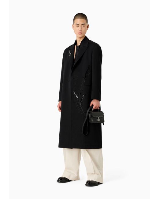Emporio Armani Black Wool-gabardine Coat With Nature-themed Sequin Embroidery for men