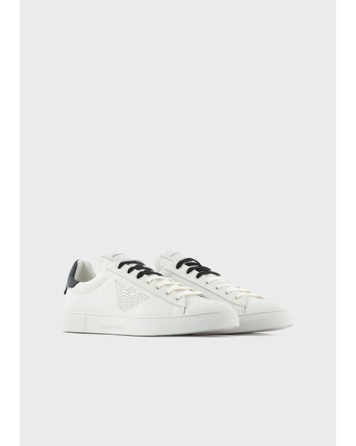 Emporio Armani Leather Sneakers With Perforated Eagle in White for Men |  Lyst