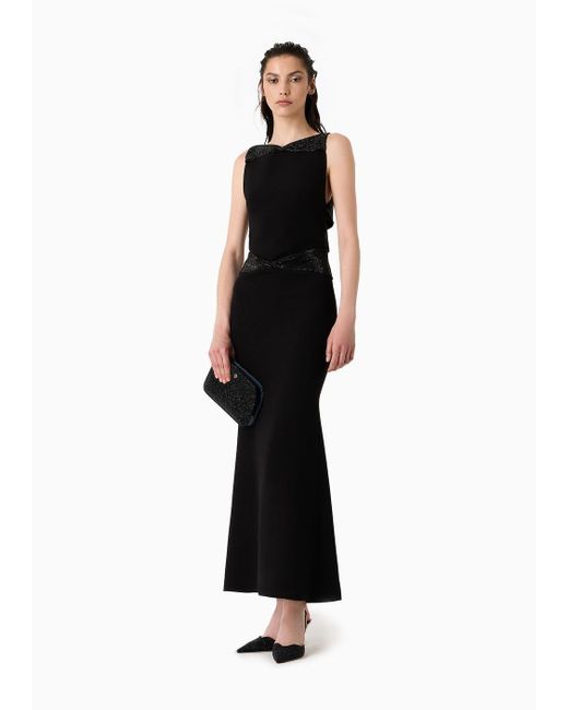 Giorgio Armani Black Long Dress In Silk Cady With Rhinestone Details