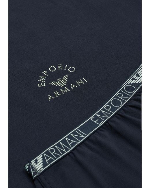 Emporio Armani Blue Asv Organic-cotton T-shirt And Shorts Pyjamas With Logo Studs