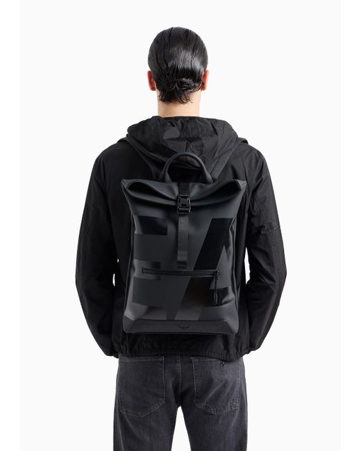Emporio Armani Black Slim Backpack In Rubberised Material With Oversized Ea Logo for men