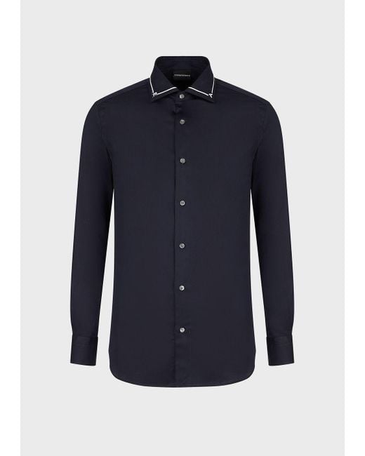 Emporio Armani Regular-fit Shirt With Logo Collar in Blue for Men | Lyst