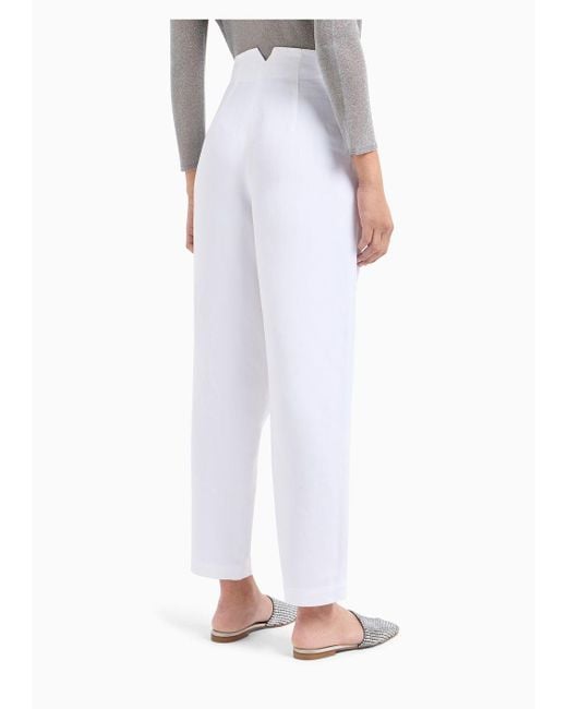 Pantaloni A Vita Alta Con Pinces E Gamba Ovale In Shantung Misto Lino di Emporio Armani in White