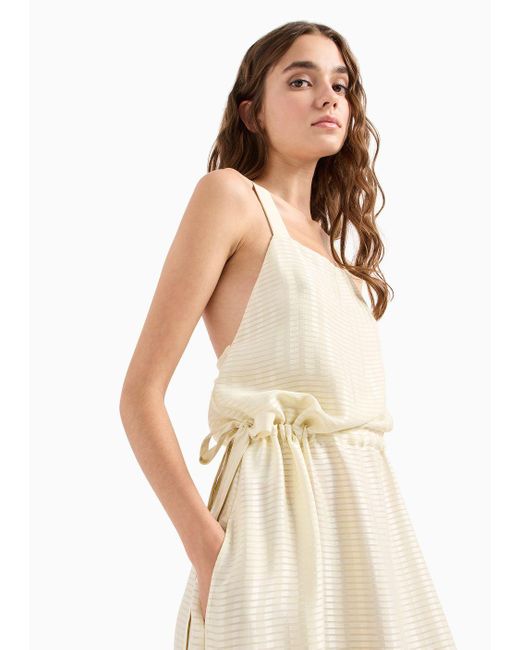 Emporio Armani White Drawstring Dress With Crossover Shoulder Straps And All-over Rectangle Motif