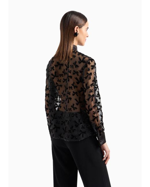Emporio Armani Black Devoré Chiffon Shirt With An All-over Flocked Pattern With Lurex Bows