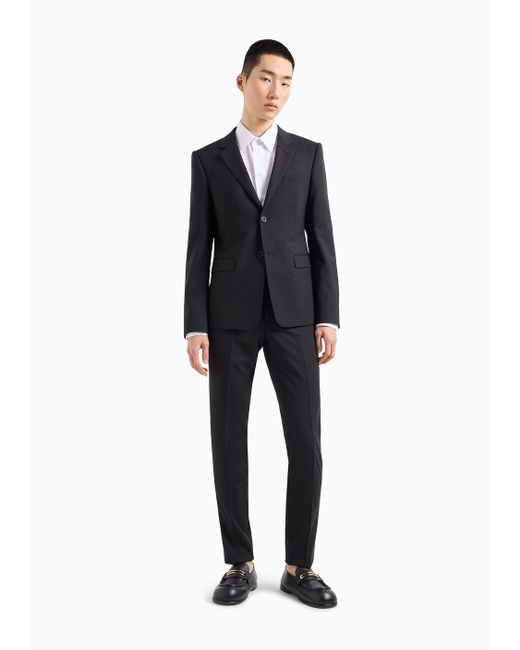 Emporio Armani Black Single-breasted Slim-fit Suit With Notched Lapels In Micro-patterned Stretch Wool Crêpe for men