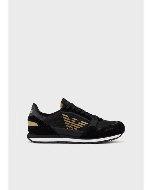 Emporio Armani Black Suede Sneakers With Contrasting Inserts And Oversized Eagle for men