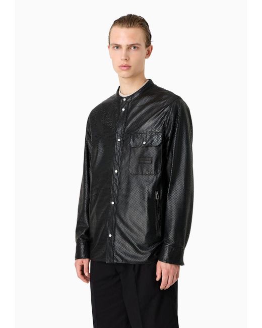 Emporio Armani Black Shirt Jacket In Perforated, Semi-aniline Nappa Lambskin for men