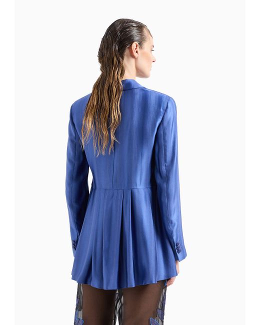 Emporio Armani Blue Lange Doppelreihige Jacke Aus Viskose-jacquard Mit Diagonalem Muster Und Schattiertem Effekt