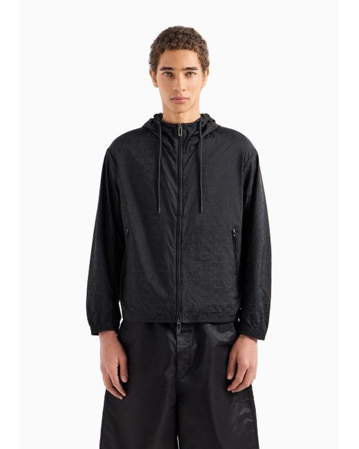 Emporio Armani Blue Lightweight Nylon, Hooded Zip-up Blouson With All-over Jacquard Lettering for men
