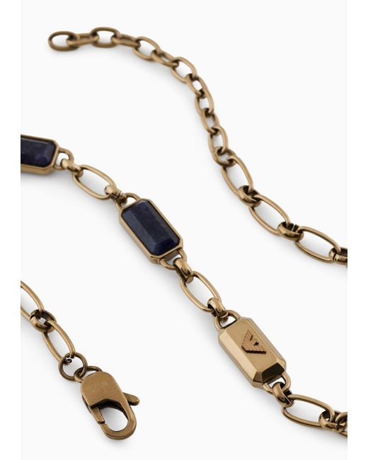 Emporio Armani Metallic Blue Stone With Ip Antique Gold-plating Chain Necklace for men