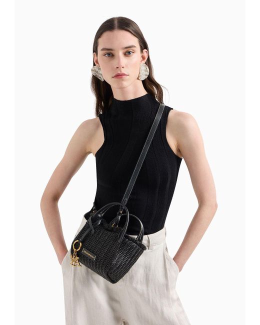 Emporio Armani Black Woven Straw Handbag With Logo Charm