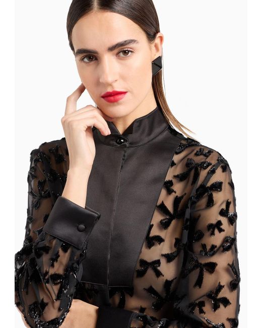 Emporio Armani Black Devoré Chiffon Shirt With An All-over Flocked Pattern With Lurex Bows
