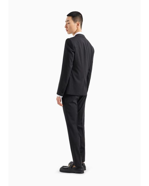 Emporio Armani Black Single-breasted Slim-fit Suit With Notched Lapels In Micro-patterned Stretch Wool Crêpe for men