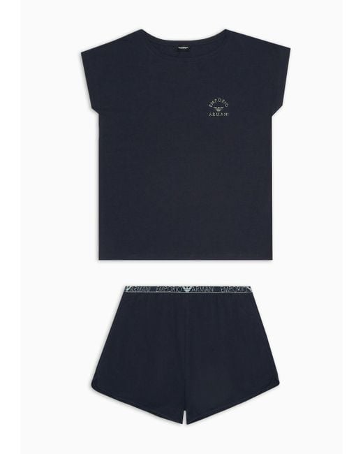 Emporio Armani Blue Asv Organic-cotton T-shirt And Shorts Pyjamas With Logo Studs