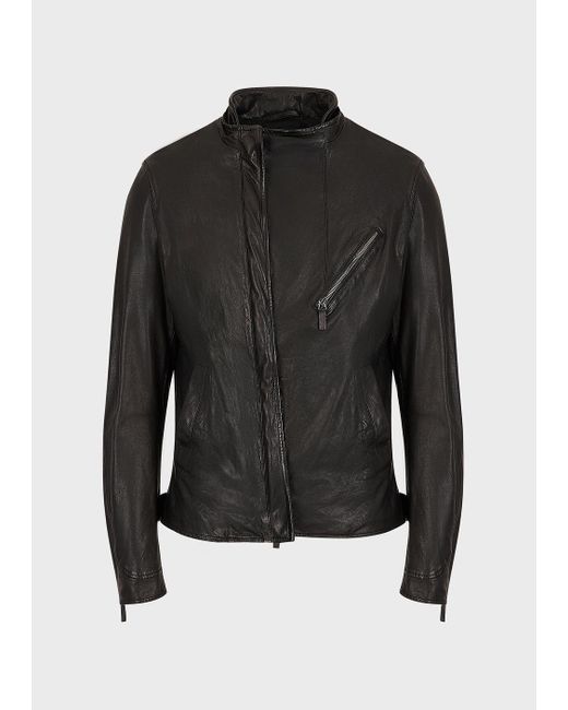 Emporio Armani Black Vegetable-tanned Lambskin Nappa Leather Jacket With Off-centre Zip for men