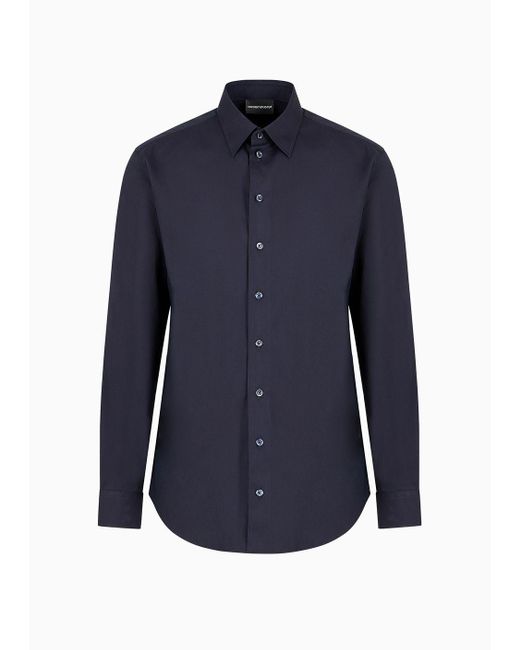 Emporio Armani Blue Stretch, Polished Cotton Shirt With Classic Collar for men