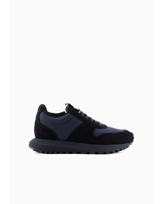 Emporio Armani Blue Asv Capsule Suede And Recycled Nylon Sneakers