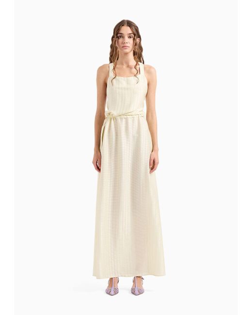 Emporio Armani White Drawstring Dress With Crossover Shoulder Straps And All-over Rectangle Motif