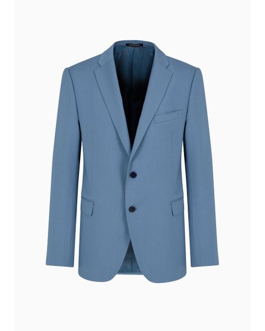 Emporio Armani Blue Slim-fit Single-breasted Jacket In Natural, Tropical, Stretchy, Light Wool for men