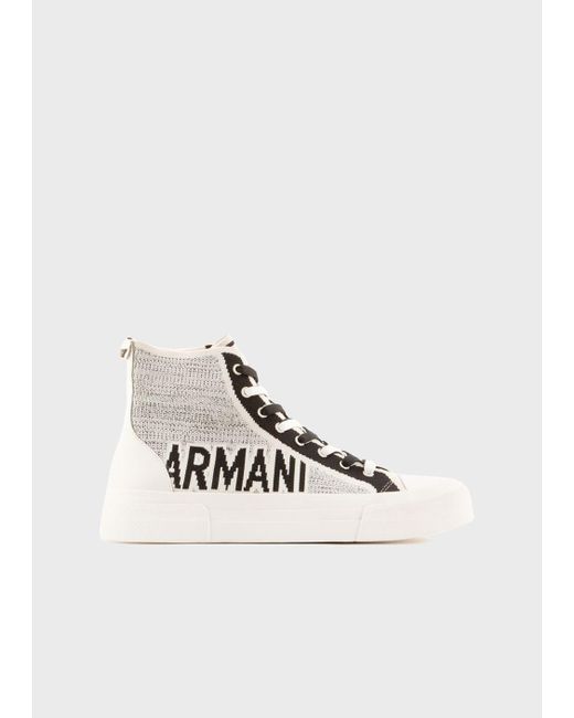 Emporio Armani White Recycled Knit High-top Sneakers With Jacquard Logo for men