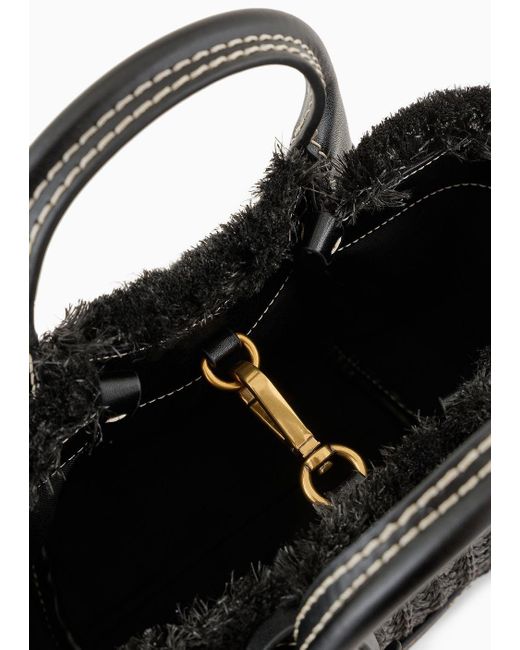 Emporio Armani Black Woven Straw Handbag With Logo Charm