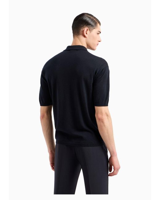 Emporio Armani Black Asv Lyocell Blend And Virgin Wool Zip-up Polo-shirt Collar Jumper for men