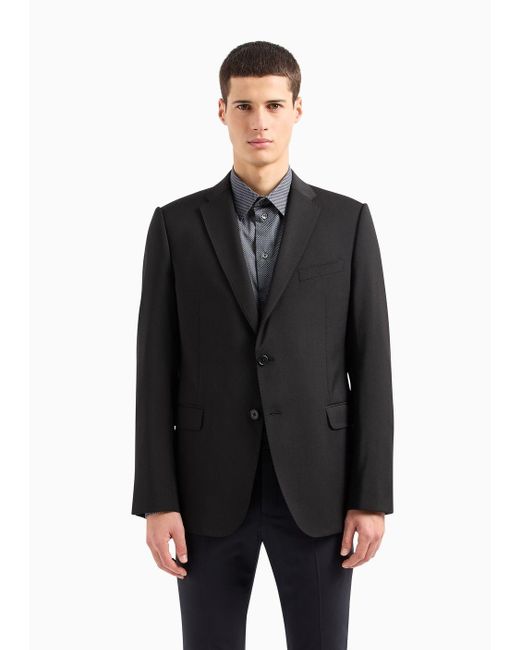 Emporio Armani Black Slim-fit Single-breasted Jacket In Natural, Tropical, Stretchy, Light Wool for men