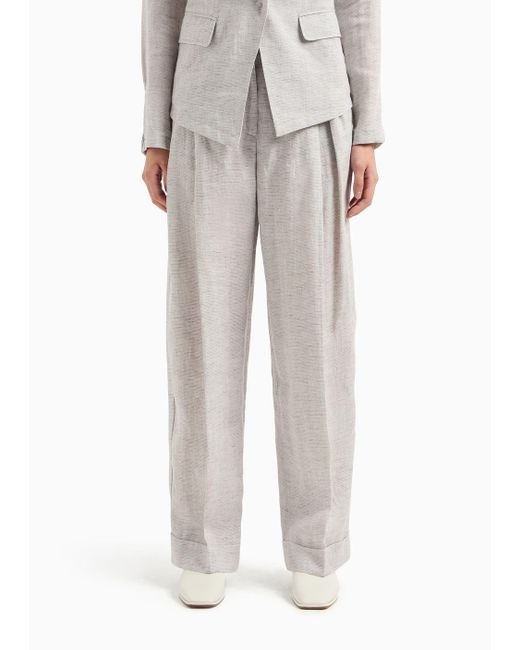 Emporio Armani Gray Faded Linen Trousers With Darts And Turn-ups