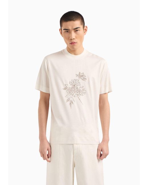 Emporio Armani Asv T-shirt Aus Jersey-lyocell-mischung, Mit Blumenstickerei in White für Herren