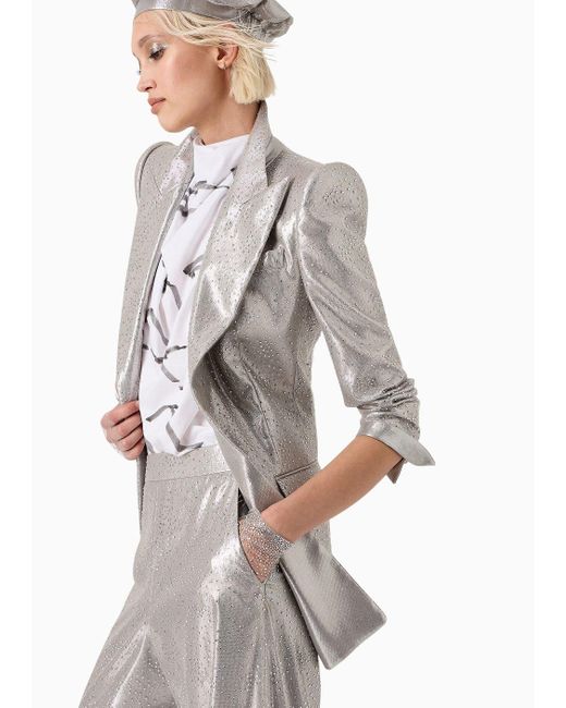 Giorgio Armani Gray Long Single-breasted Jacket In Silk And Tulle With Rhinestone Embroidery