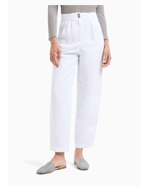 Pantaloni A Vita Alta Con Pinces E Gamba Ovale In Shantung Misto Lino di Emporio Armani in White