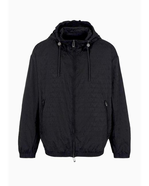 Emporio Armani Blue Lightweight Nylon, Hooded Zip-up Blouson With All-over Jacquard Lettering for men
