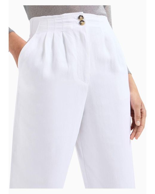 Pantalon Taille Haute À Pinces Et Jambe Ovale En Shantung De Mélange De Lin Emporio Armani en coloris White