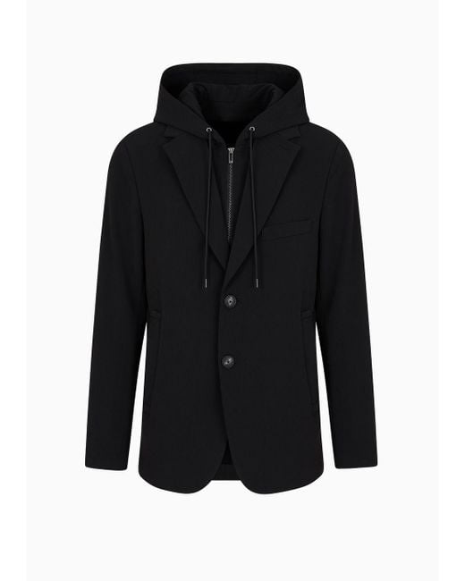 Emporio Armani Black Blazer With Dickey And Hood, Made Of Canneté Fabric for men