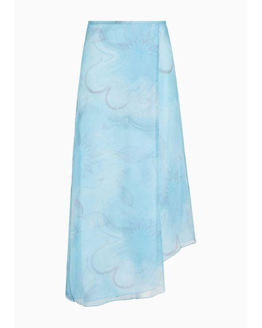Giorgio Armani Blue Silk Organza Asymmetric Skirt With A Floral Print