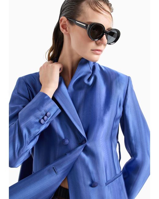 Emporio Armani Blue Lange Doppelreihige Jacke Aus Viskose-jacquard Mit Diagonalem Muster Und Schattiertem Effekt