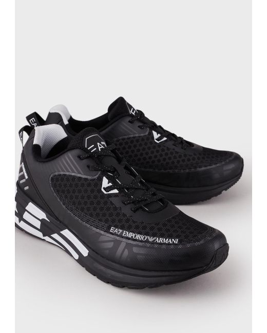 emporio armani leather sneakers with knit inserts