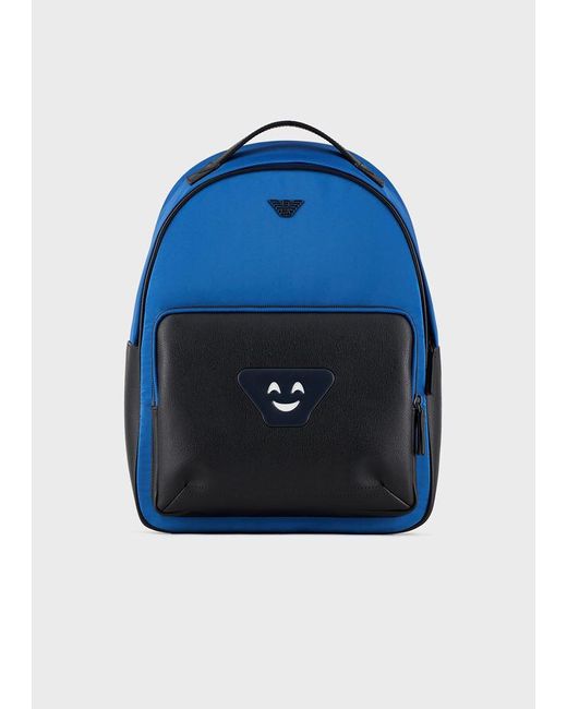 Emporio Armani Blue Nylon Backpack With Emoji Patch for men
