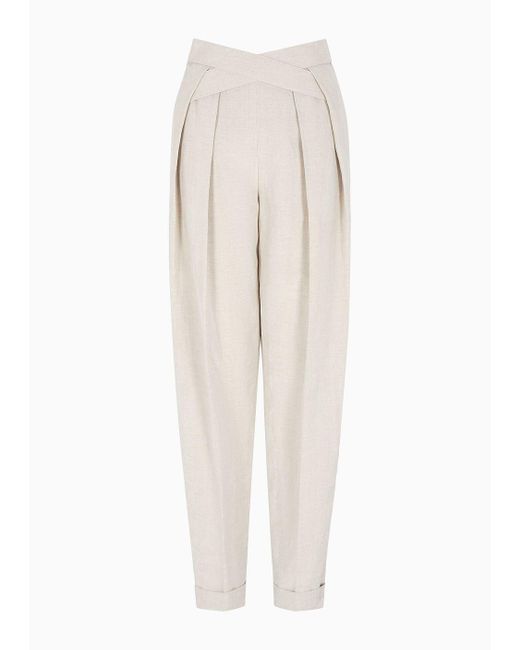 Emporio Armani White Linen-blend Panama Fabric Trousers With Pleats And Crossed Detail