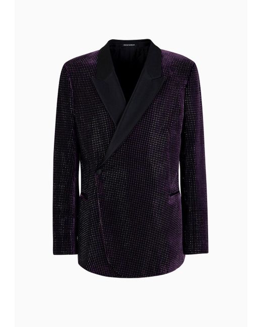 Emporio Armani Blue Double-breasted Velvet Jacket With All-over Rhinestones And Satin Lapels for men