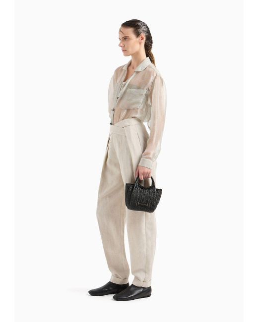 Pantaloni Con Pinces E Dettaglio Crossed In Tessuto Panama Misto Lino di Emporio Armani in White