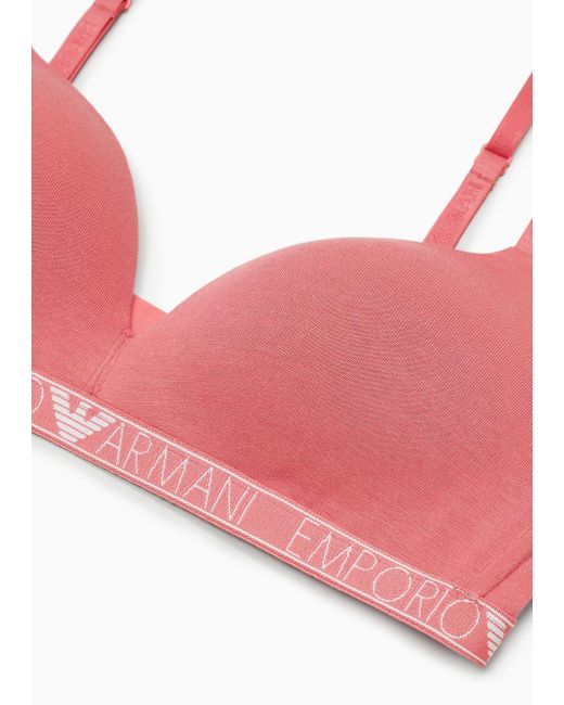 Emporio Armani Pink Asv Logo Padded Triangle Bra In Organic Cotton With Logo Studs