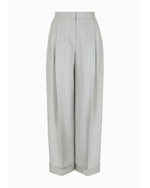 Emporio Armani Gray Icon Asv Trousers With Turn-ups In A Flowing Linen And Lyocell Blend Armure Fabric