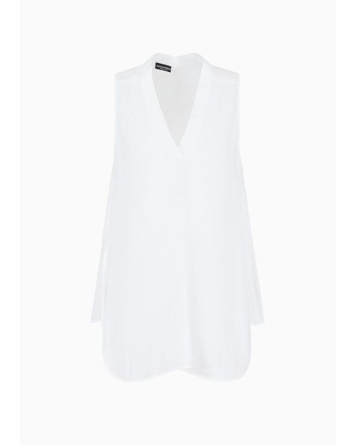 Emporio Armani White Oversized V-neck Top In Linen With Asymmetric Hem