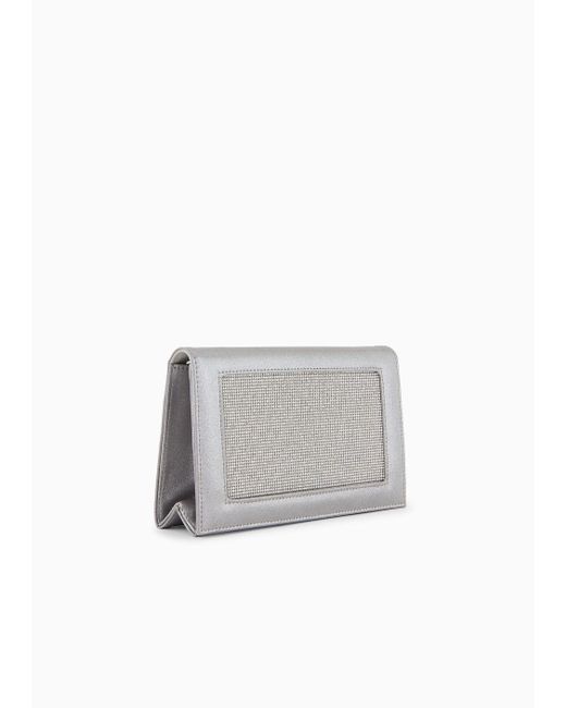 Giorgio Armani White Rhinestoned Silk Clutch Bag With Rhinestoned Shoulder Strap