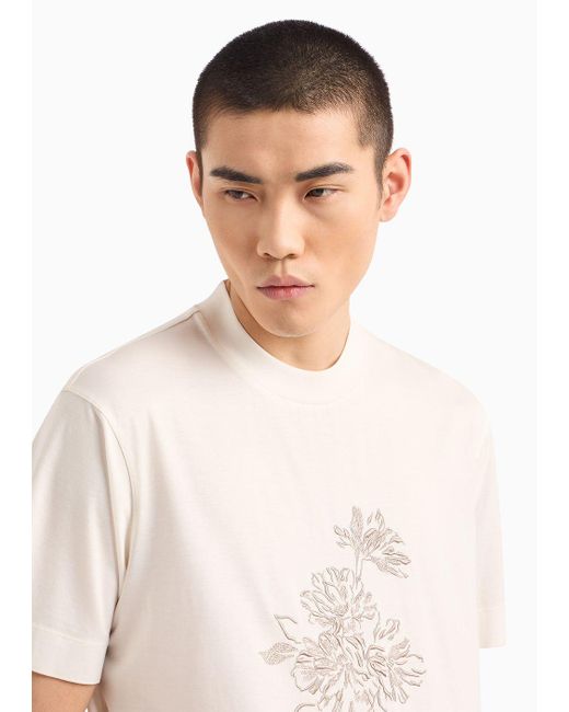 Emporio Armani White Asv Lyocell-blend Jersey T-shirt With Floral Embroidery for men