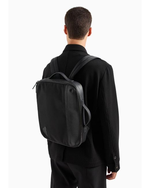Emporio Armani Black Asv Regenerated Saffiano And Recycled Nylon Business Bag With Shoulder Straps for men