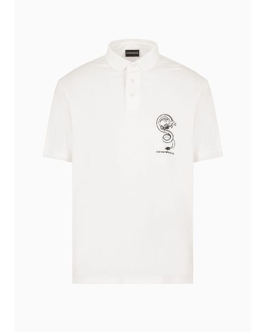 Emporio Armani White Armani Sustainability Values Lyocell-blend Jersey Polo Shirt With Dragon Embroidery for men