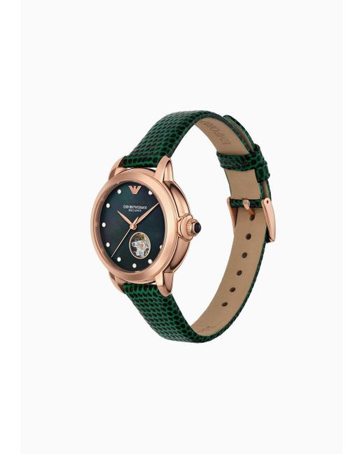 Emporio Armani White Automatic Green Leather Watch